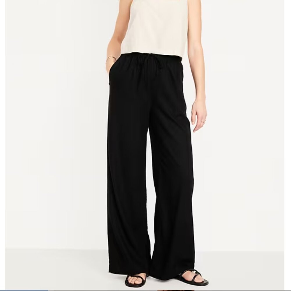 Black High-Waisted Linen-Blend Super Wide-Leg Pants